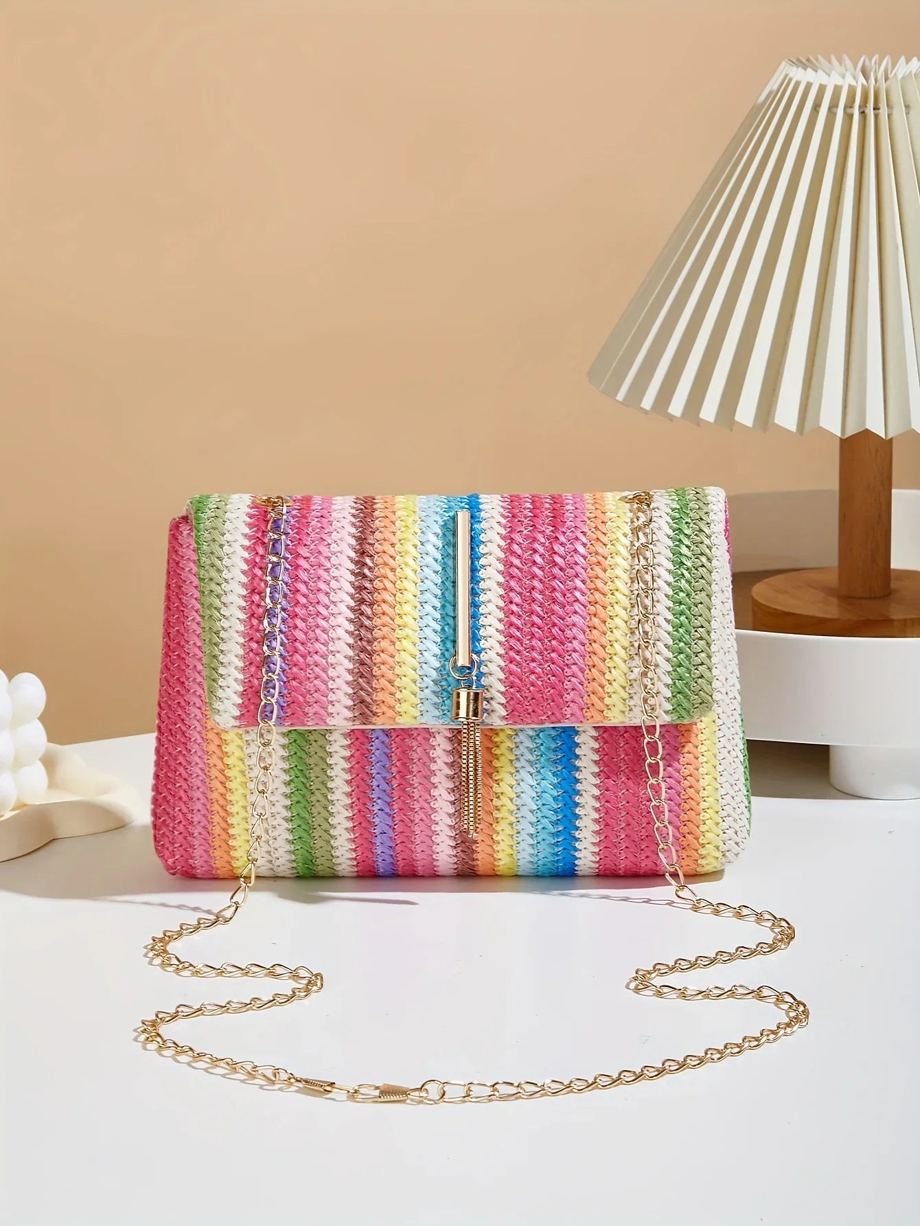 Chic Rainbow Stripe Straw Crossbody - Piña Colada