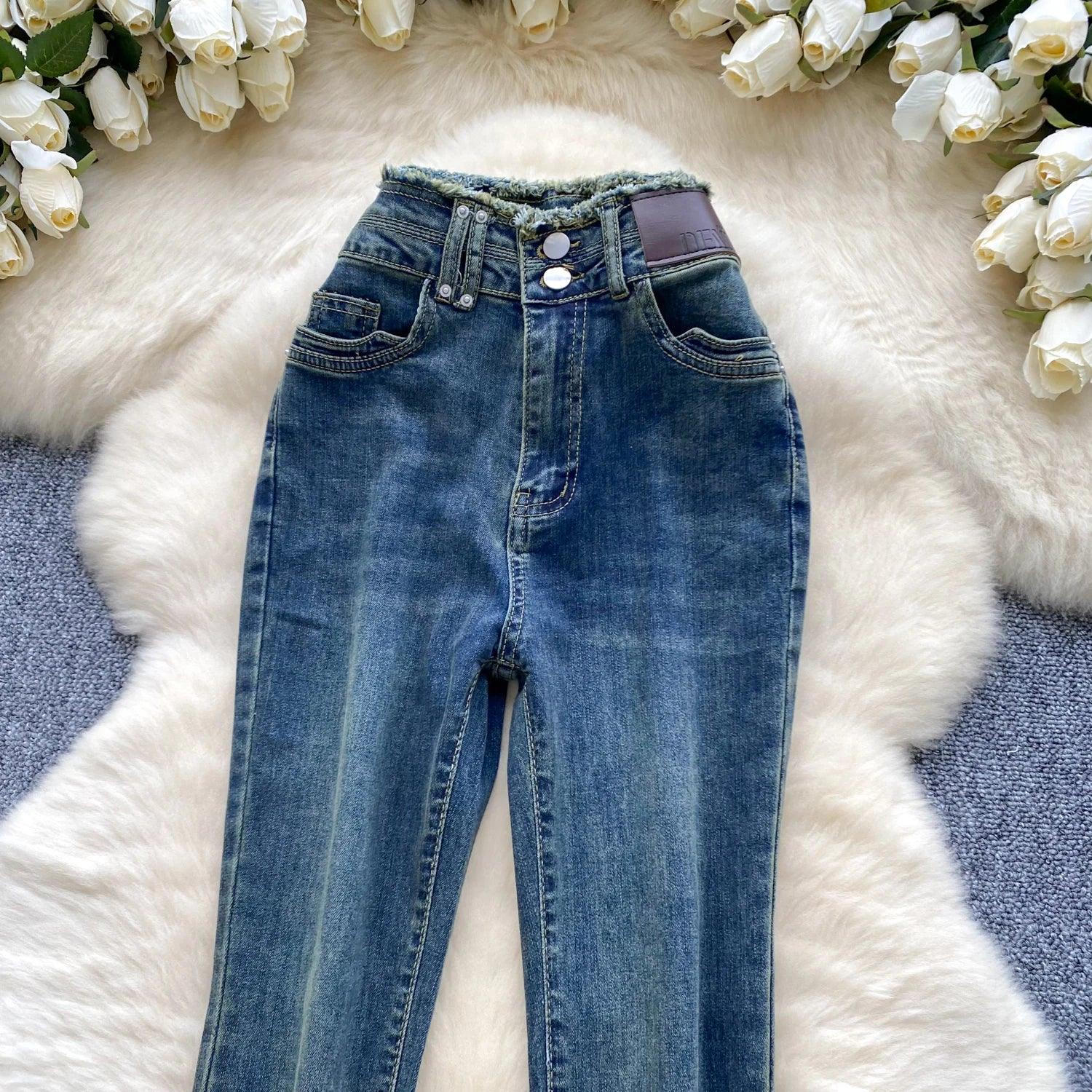 High-Waisted Flared Denim Pants with Faux Zippers – Streetwear Style - Piña Colada