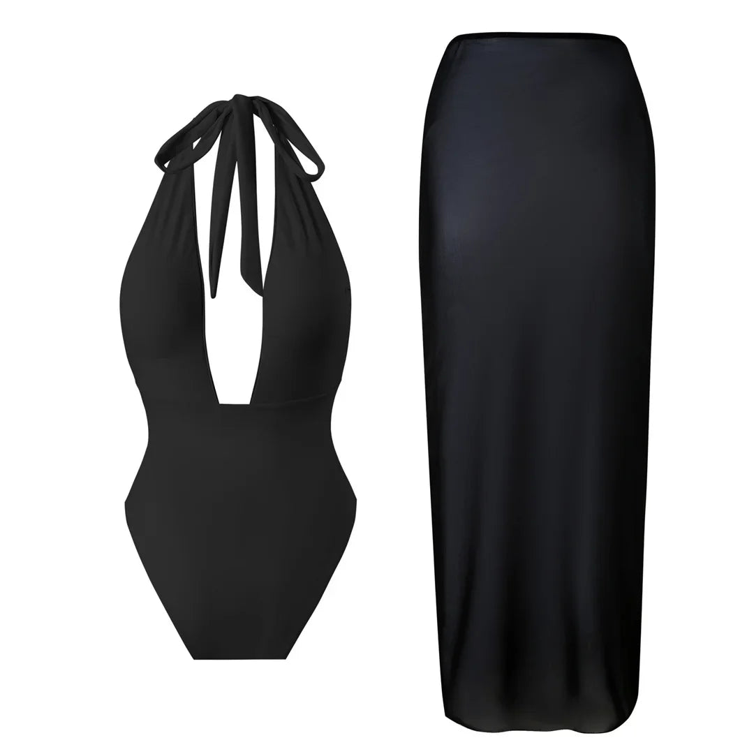 Deep V-Neck One-Piece Swimsuit with Skirt - Piña Colada