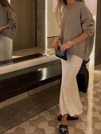 Elegant Satin Midi Skirt – Office Chic Mid-Calf Silhouette - Piña Colada