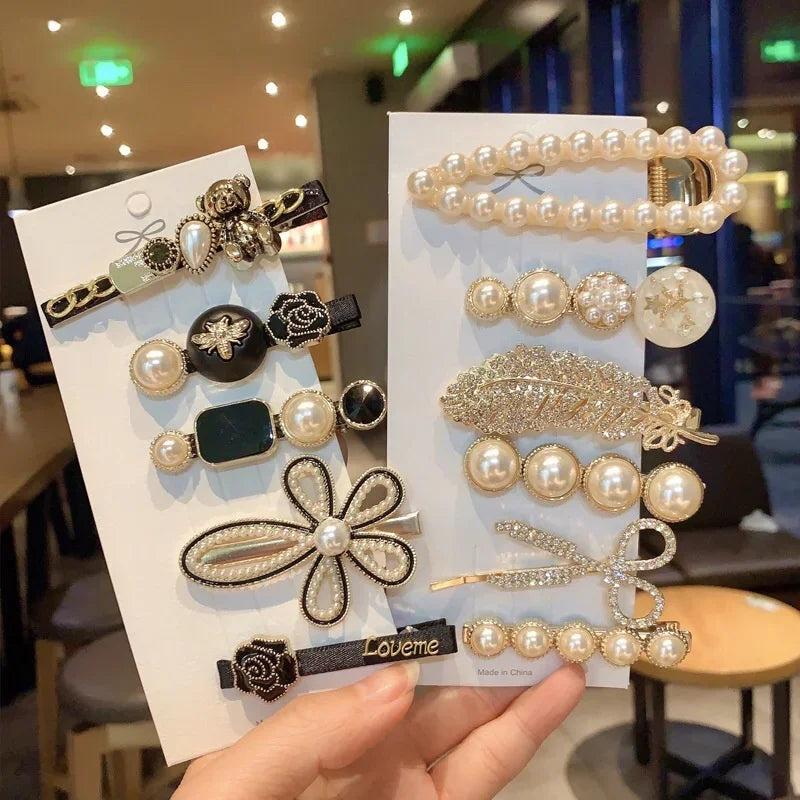 Handmade Pearl & Rhinestone Flower Hairpin Set - Piña Colada