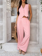 Summer V-Neck Button Crop Top & Wide-Leg Pants Set - Piña Colada