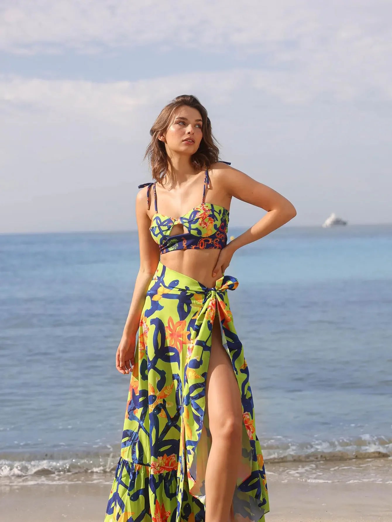 Draped Print V-Neck Maxi Dress – Beachwear Edition - Piña Colada