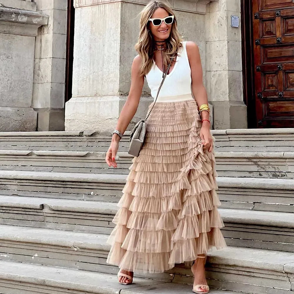 Long Skirt Tulle High Waist Pleated - Piña Colada