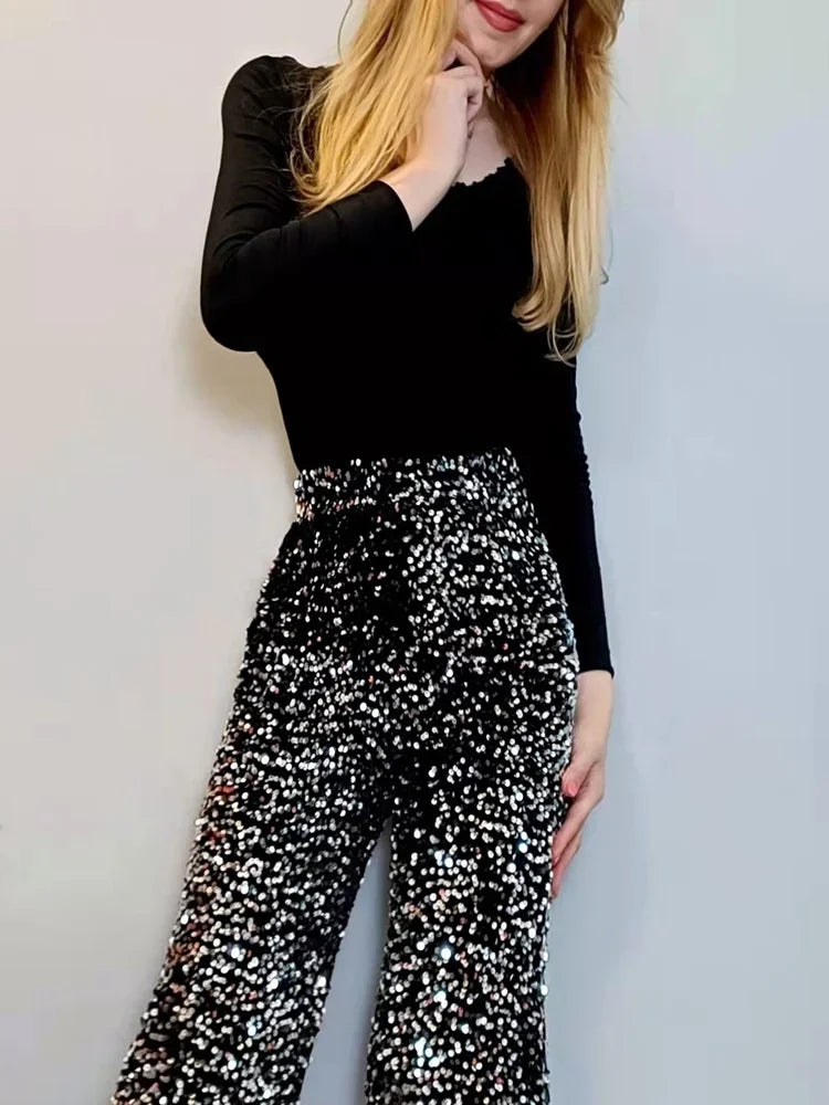 Sequined Wide-Leg Floor-Length Pants – High Waist Streetwear - Piña Colada