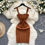 Abebey Sexy Slim Knit Mini Dress – Square Neck Spaghetti Strap - Piña Colada