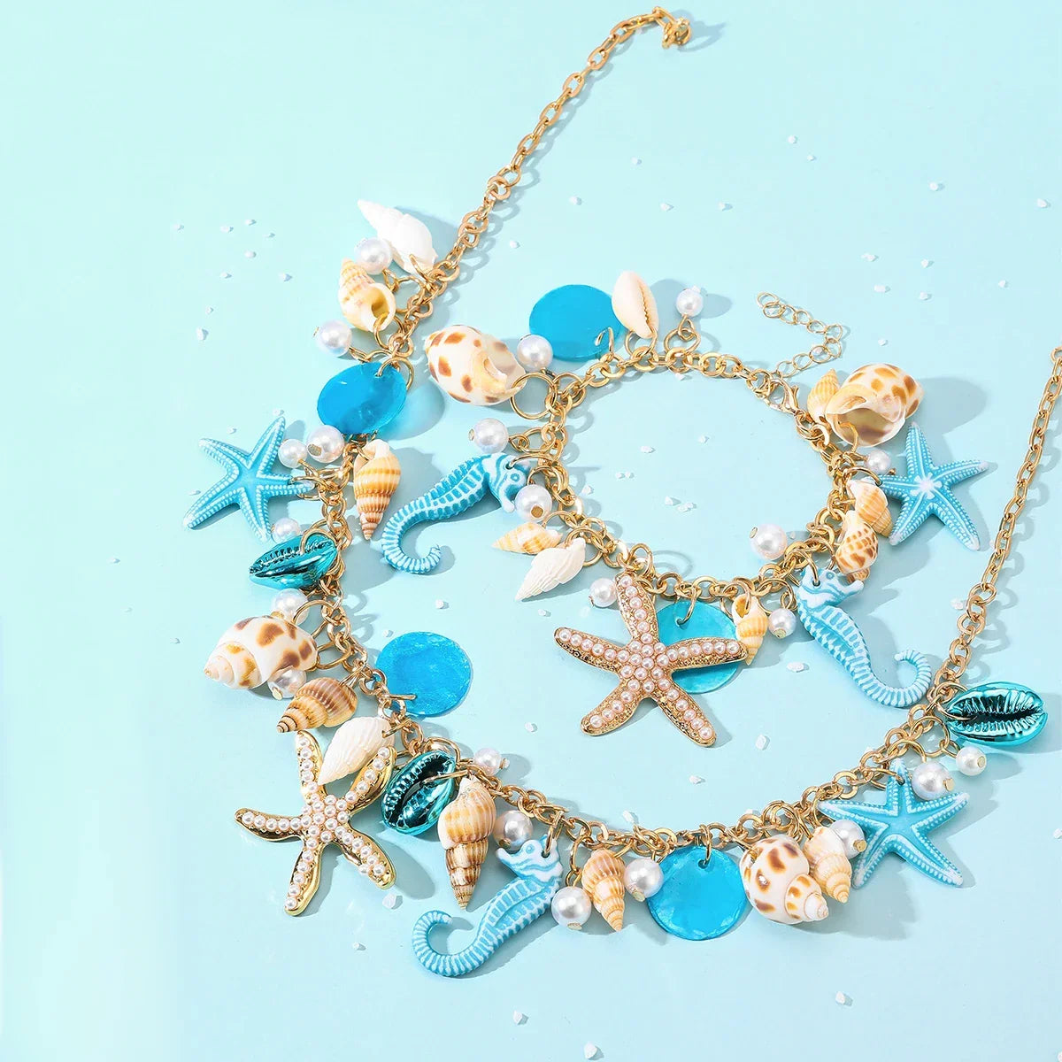Starfish & Shell Pendant Necklace and Bracelet - Piña Colada