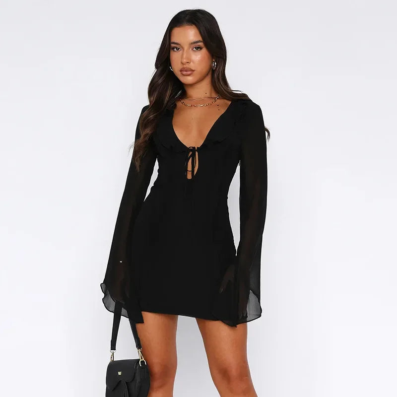 Slim Mini Dresses V-neck Ruffles - Piña Colada