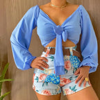 2 Piece Sets V-neck Long Sleeve Tops Slim Shorts - Piña Colada