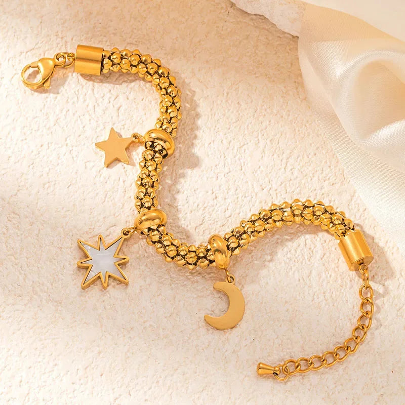 Thick Stainless Steel Star Flower Pendant Bracelet - Piña Colada