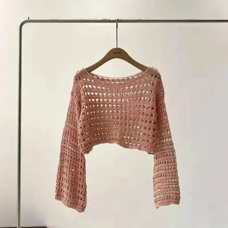 Boho Crochet Hollow-Out Knit Top – Y2K Style Long Sleeve Pullover - Piña Colada