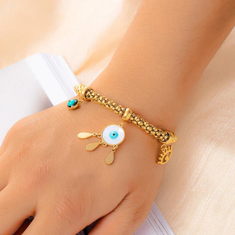 Thick Stainless Steel Star Flower Pendant Bracelet - Piña Colada