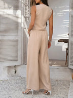 Summer V-Neck Button Crop Top & Wide-Leg Pants Set - Piña Colada