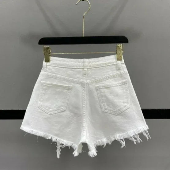 High Waist Polka Dot Denim Shorts - Piña Colada