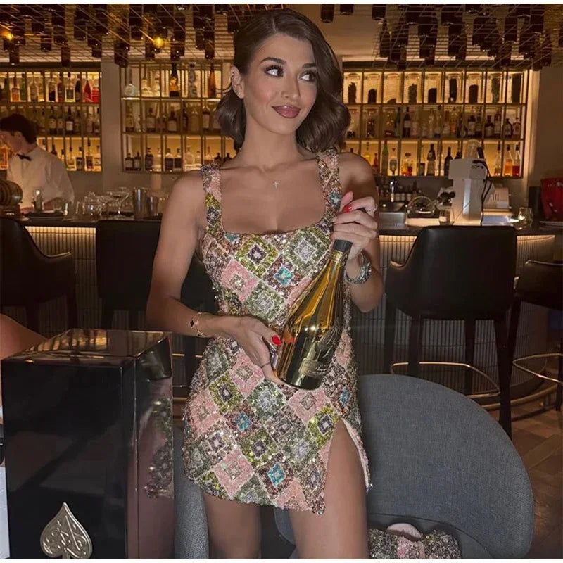 Sequin Square Neck Mini Dress - Piña Colada