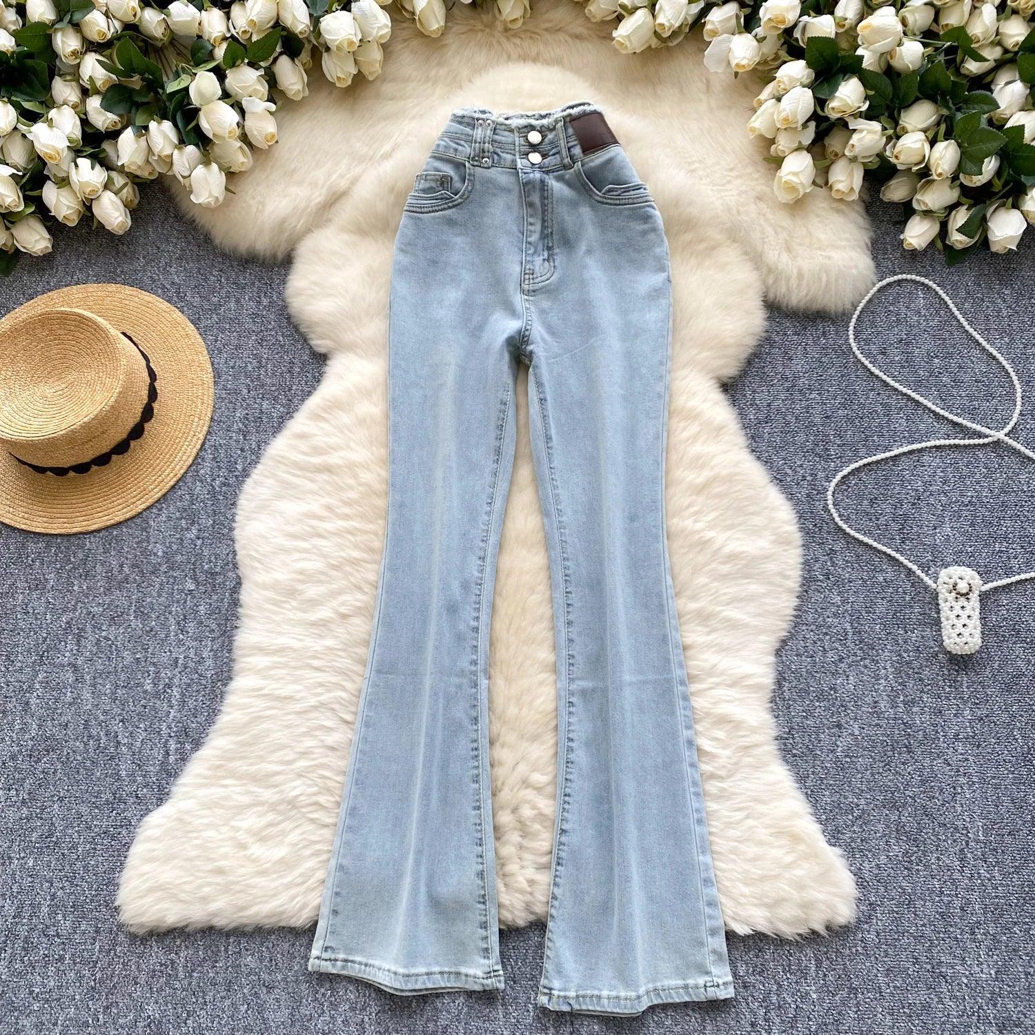 High-Waisted Flared Denim Pants with Faux Zippers – Streetwear Style - Piña Colada
