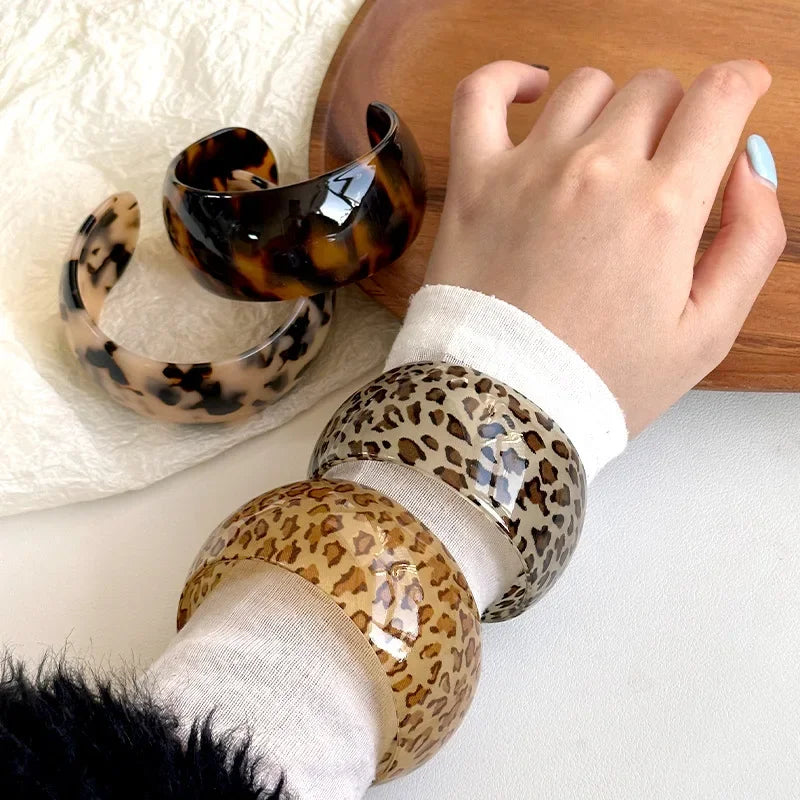 Leopard Print Resin Large Thick Cuff - Piña Colada