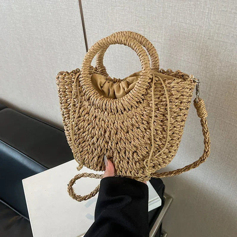 Boho Rattan Half-Moon Crossbody Bag – Handwoven Summer Straw Shoulder Purse - Piña Colada