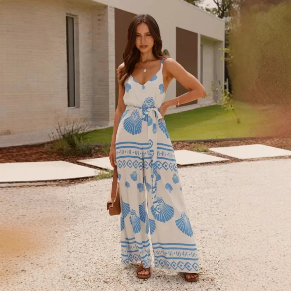 Woman Jumpsuits Elegant Summer Printed V Neck Sleeveless - Piña Colada