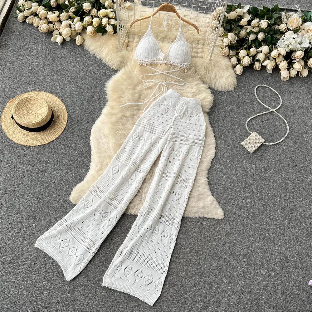 Backless Knit Crop & Wide-Leg Pants Set - Piña Colada
