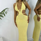 Backless Hollow-Out Knit Cover-Up Dress – Beach Vacation Style - Piña Colada