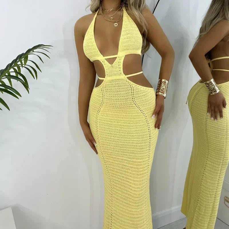 Backless Hollow-Out Knit Cover-Up Dress – Beach Vacation Style - Piña Colada