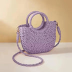 Boho Rattan Half-Moon Crossbody Bag – Handwoven Summer Straw Shoulder Purse - Piña Colada