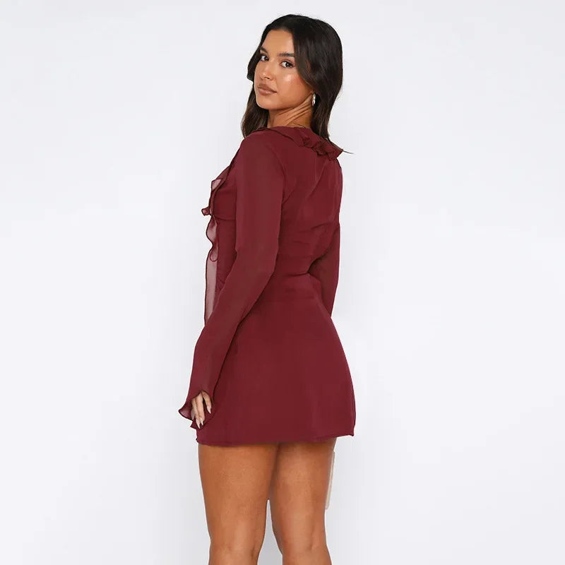 Slim Mini Dresses V-neck Ruffles - Piña Colada