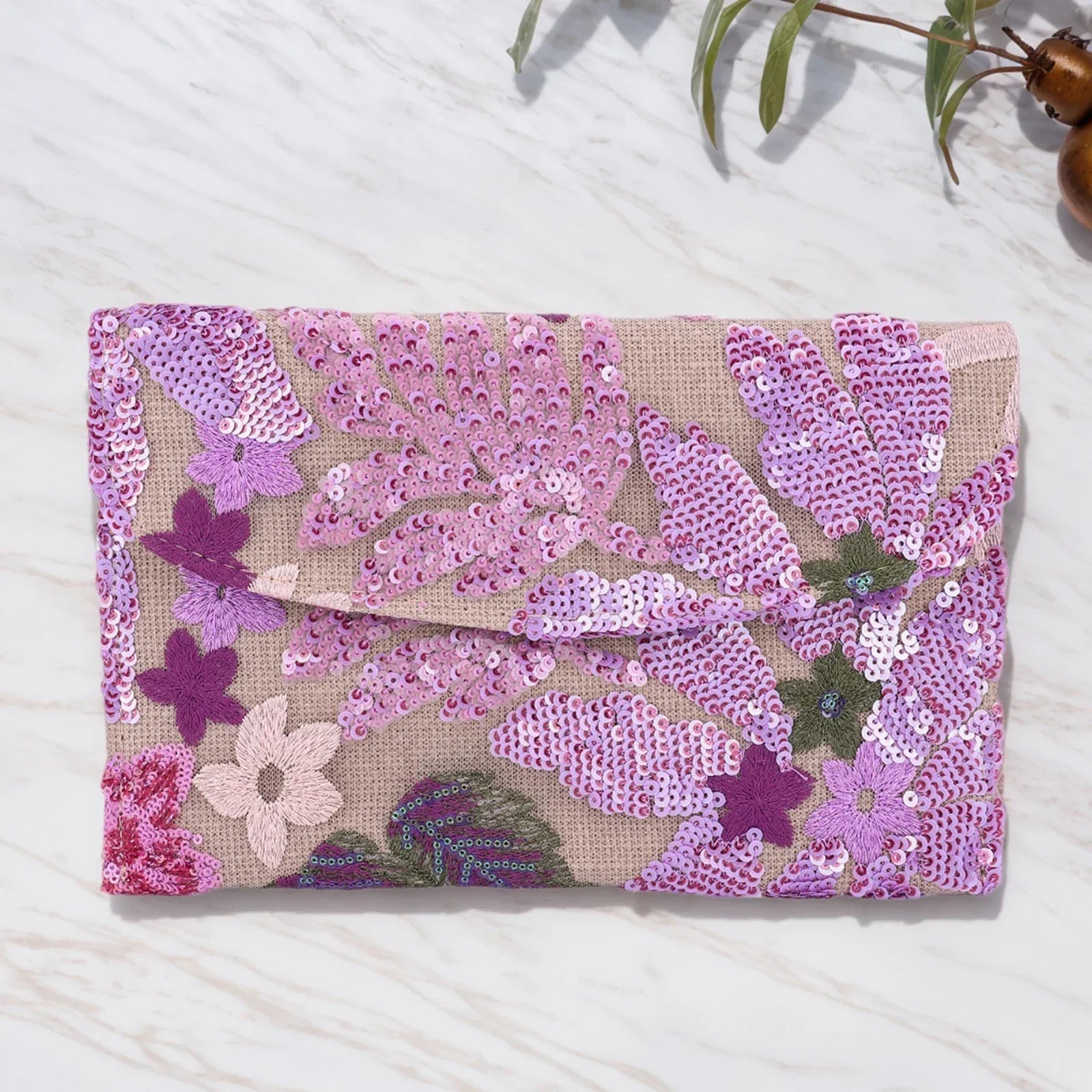 Floral Sequin Straw Clutch - Piña Colada