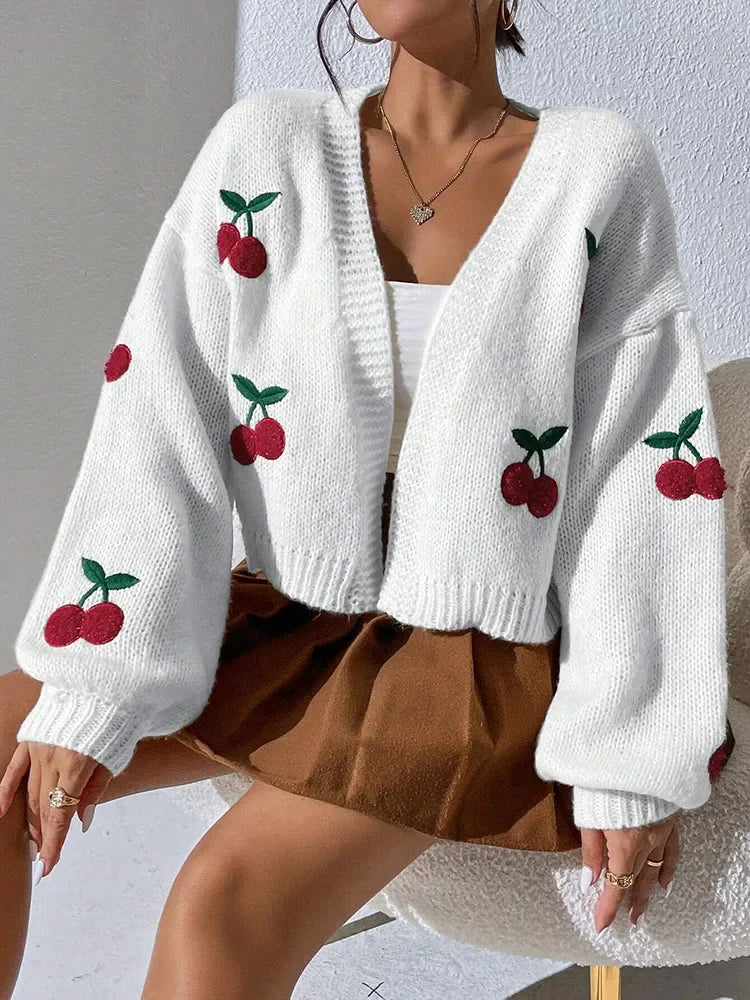 Embroidered Cherry Knit Cardigan - Piña Colada
