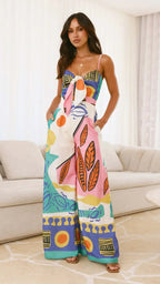 Boho Print Spaghetti Strap Jumpsuit - Piña Colada