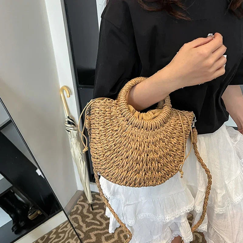 Boho Rattan Half-Moon Crossbody Bag – Handwoven Summer Straw Shoulder Purse - Piña Colada