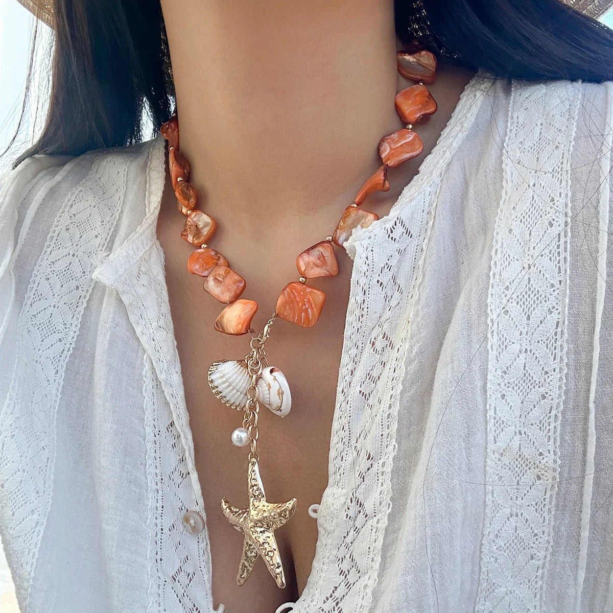 Retro Starfish White Shell Conch Pendant - Piña Colada