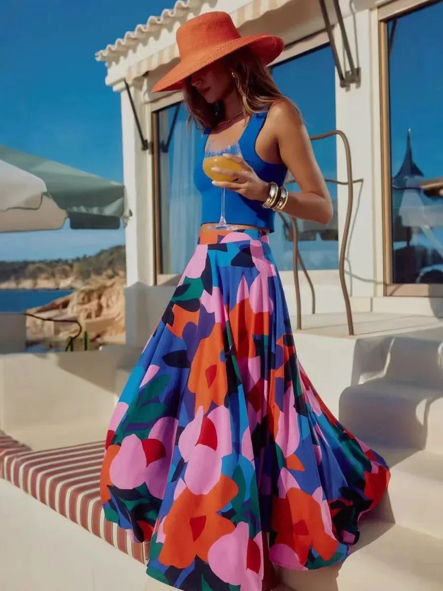 Long Printed Halter Neck Midi Skirt - Piña Colada