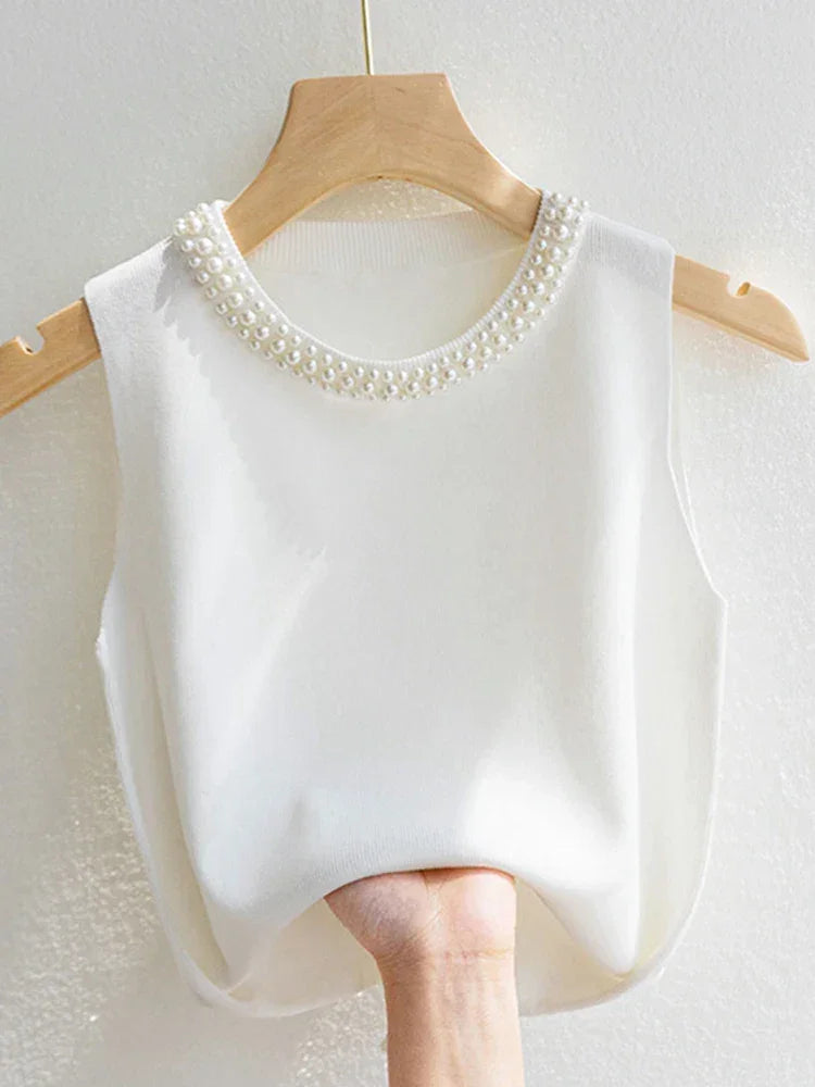 Beaded Knit Crop Tank Top – Casual Stretch Fit - Piña Colada