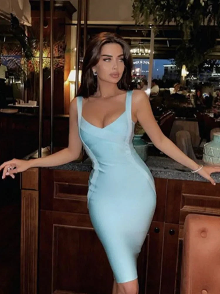 Denim Bodycon Dress – Knee-Length V-Neck Club Style - Piña Colada
