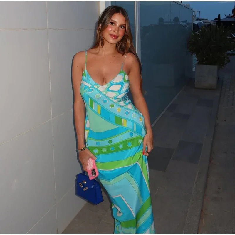 Chic Print Sling Long Dress Women Sleevless Backless - Piña Colada