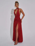 Mozision Sequin V-Neck Floor-Length Dress – Sexy & Club Evening Gown - Piña Colada