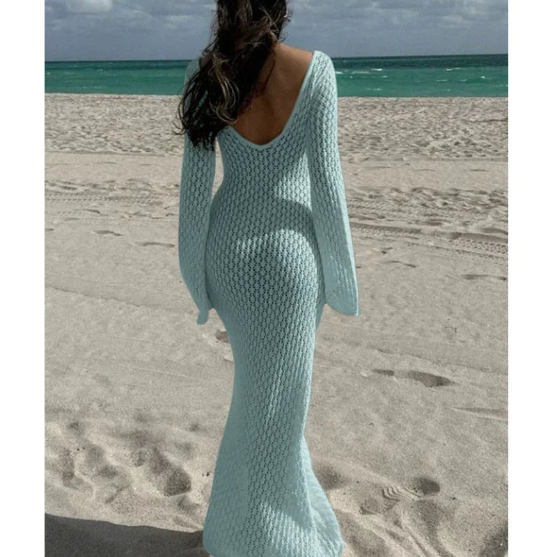 Knitting Hollow Out V-Neck Long Sleeve Dress - Piña Colada