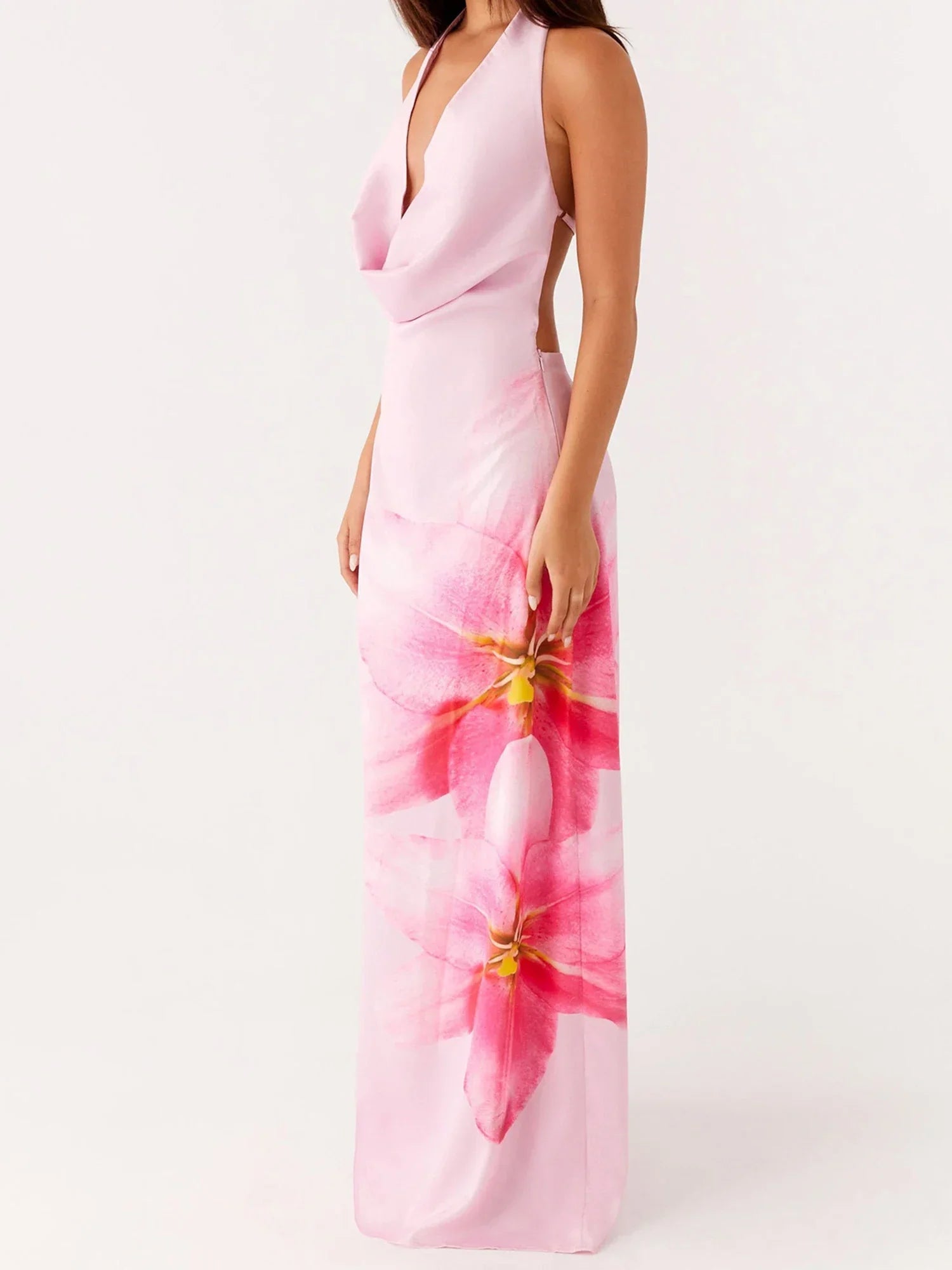 Pink Floral Halterneck Velvet Long Dress – Cocktail & Summer Party Style - Piña Colada