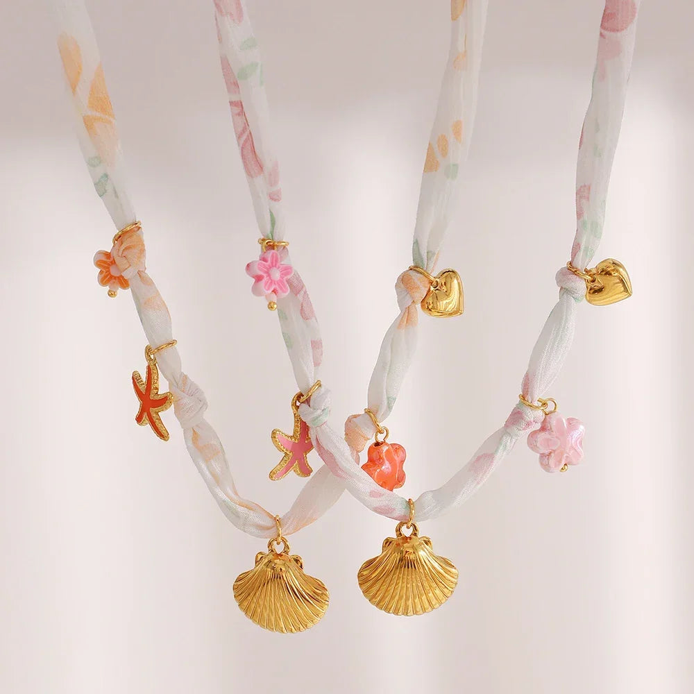 Ribbon Flower Starfish Necklace - Piña Colada