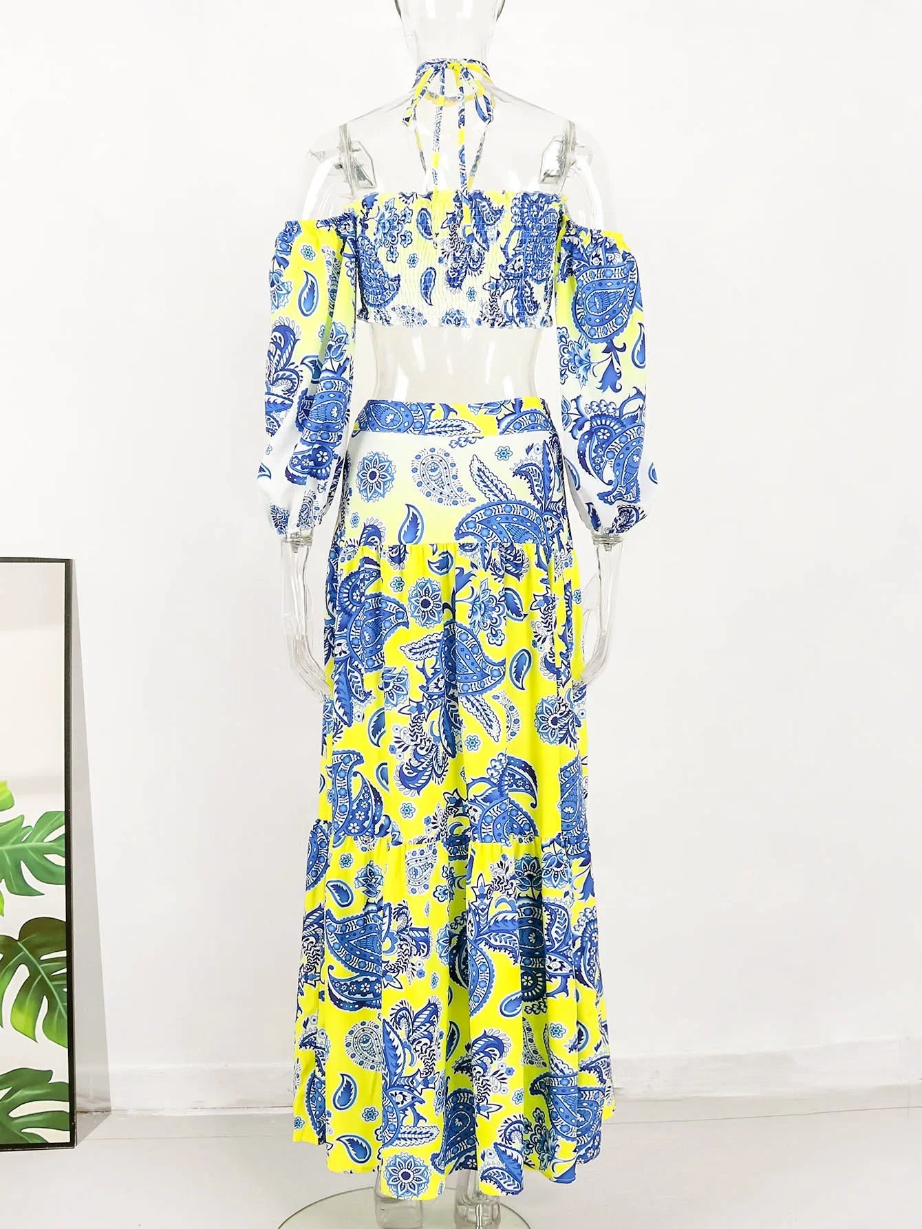 Hand-Painted Oversized 2-Piece Set – Backless Crop Top & Flowing Skirt - Piña Colada