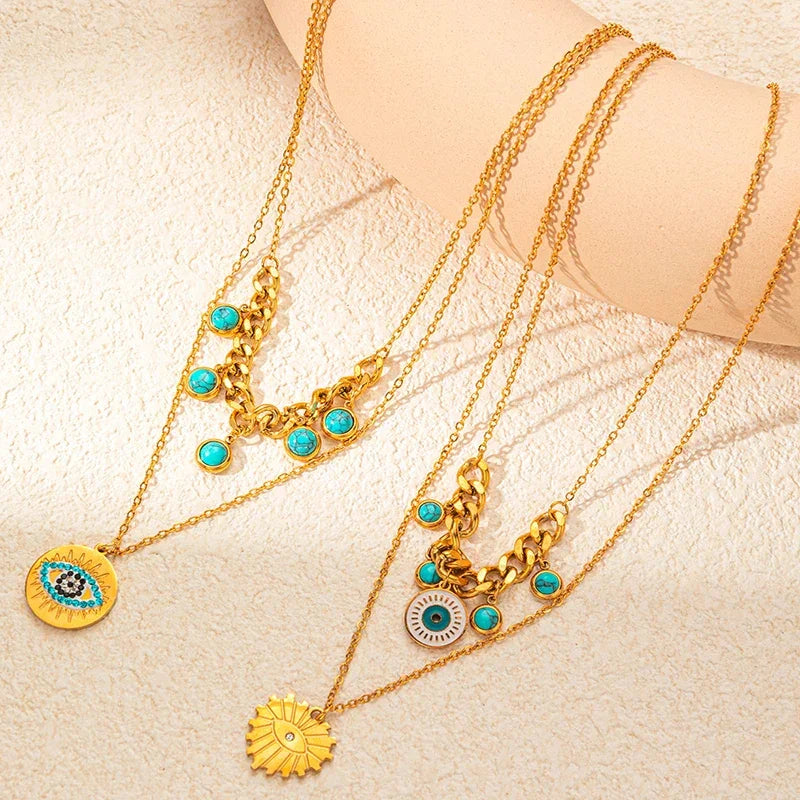 Double Layer Heart & Turquoise Evil Eye Necklace - Piña Colada