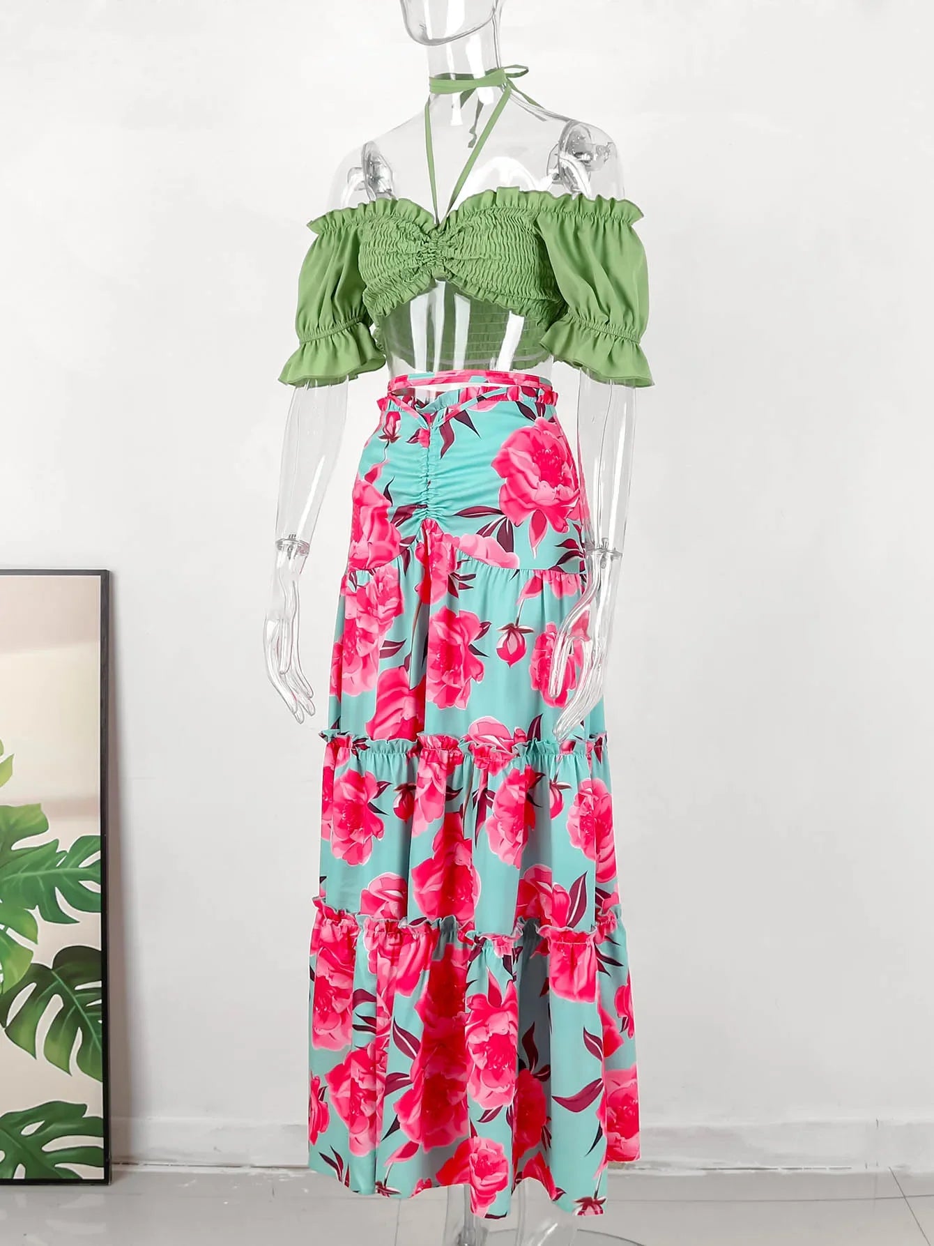 Hand-Painted Oversized 2-Piece Set – Backless Crop Top & Flowing Skirt - Piña Colada