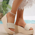 Boho Beaded Platform Wedge Slippers - Piña Colada