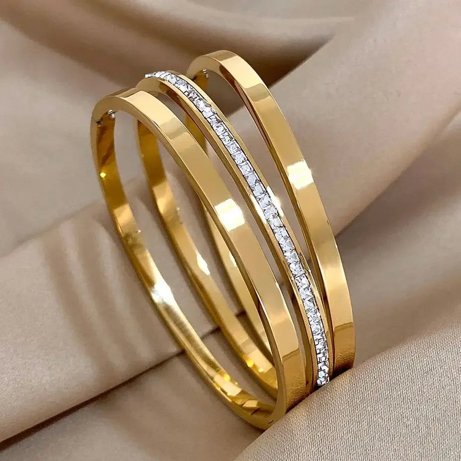 3pcs Glossy Rhinestone Stainless Steel Bangle - Piña Colada