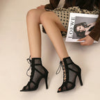 Black Mesh Peep Toe Sandals – Cross-Tied Ankle Strap Heels - Piña Colada