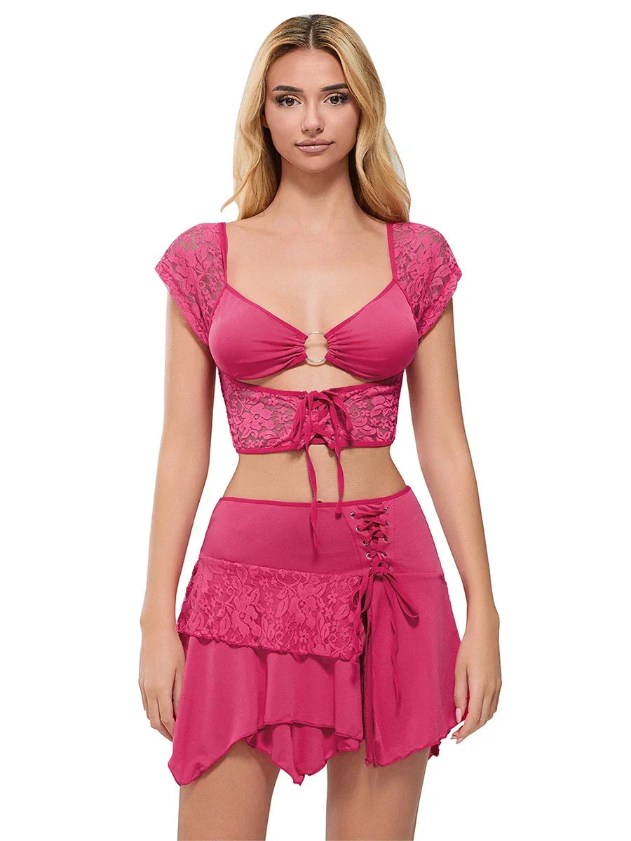 Velvet Crop Top & Mini Skirt Set Outfit - Piña Colada