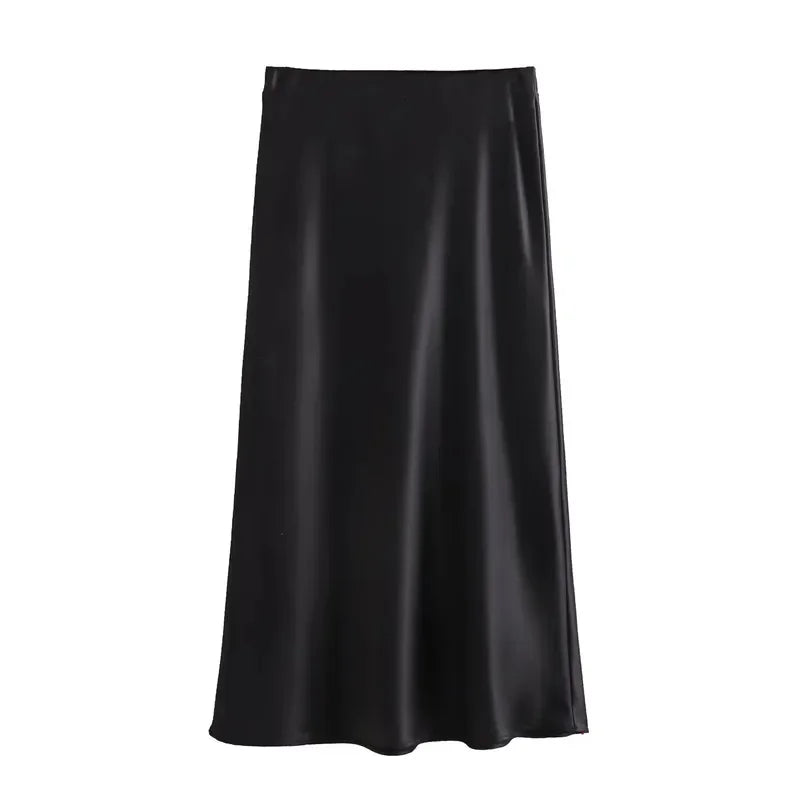 Elegant Satin Midi Skirt – Office Chic Mid-Calf Silhouette - Piña Colada