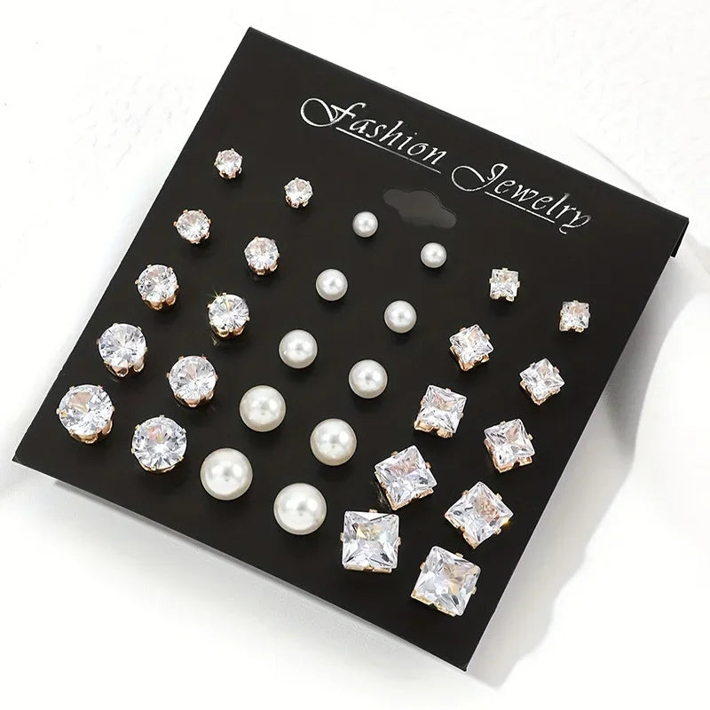 30PCS Retro Pearl & Crystal Zircon Earrings Set - Piña Colada